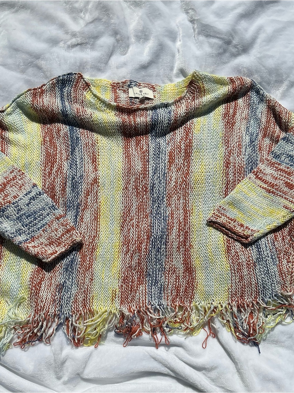 Laurie Felt Multicolor Striped Fringe Knit Sweater in Yellow, Blue & Rust
